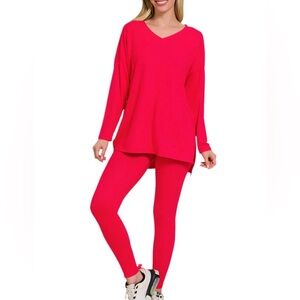 NEW❤️Zenana Brushed Soft Microfiber Long Sleeve Loungewear Set Ruby Small